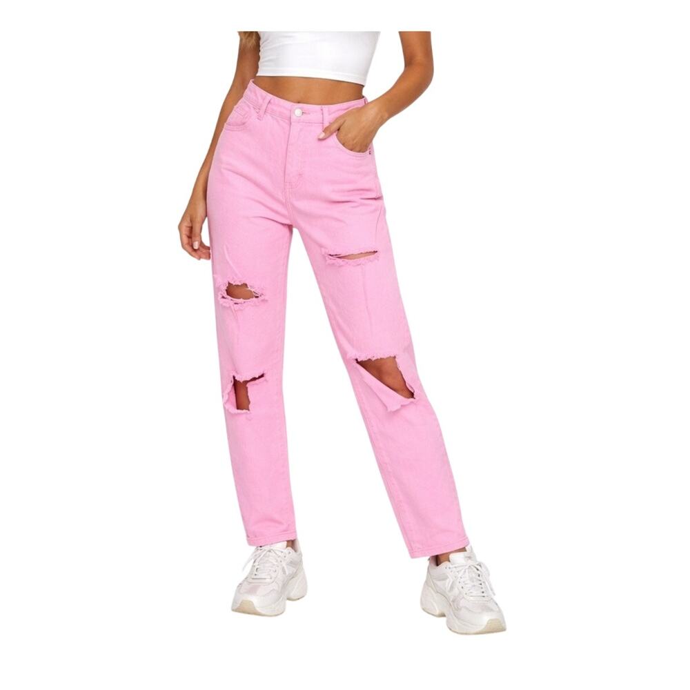 American Bazi Neon Pink Distressed Mom Jeans High Rise Destroyed Denim NWT M